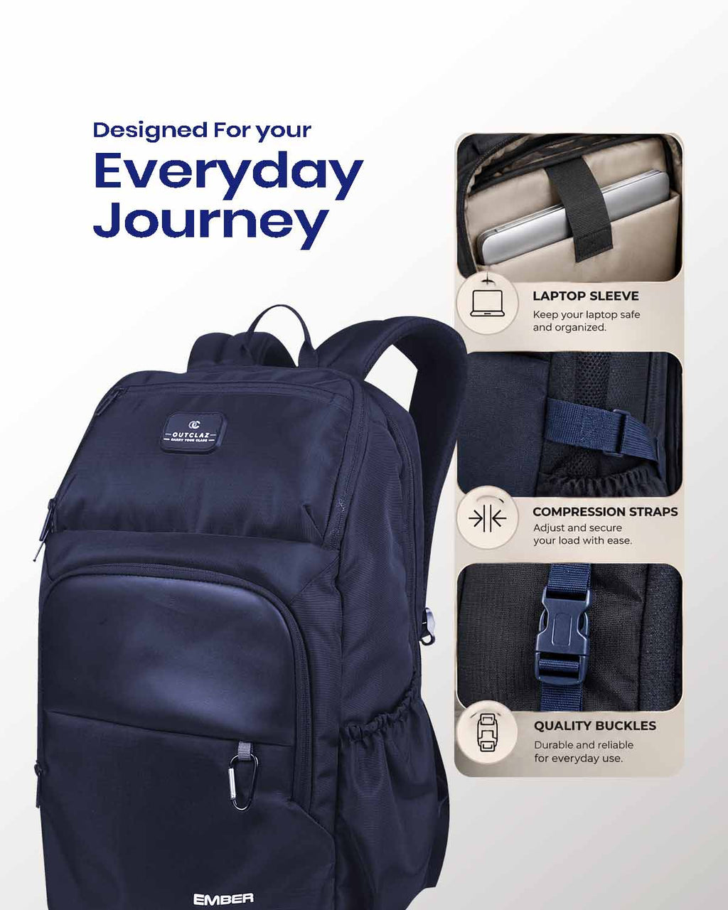 OUTCLAZ Ember 40L laptop backpack with laptop sleeve and adjustable shoulder straps