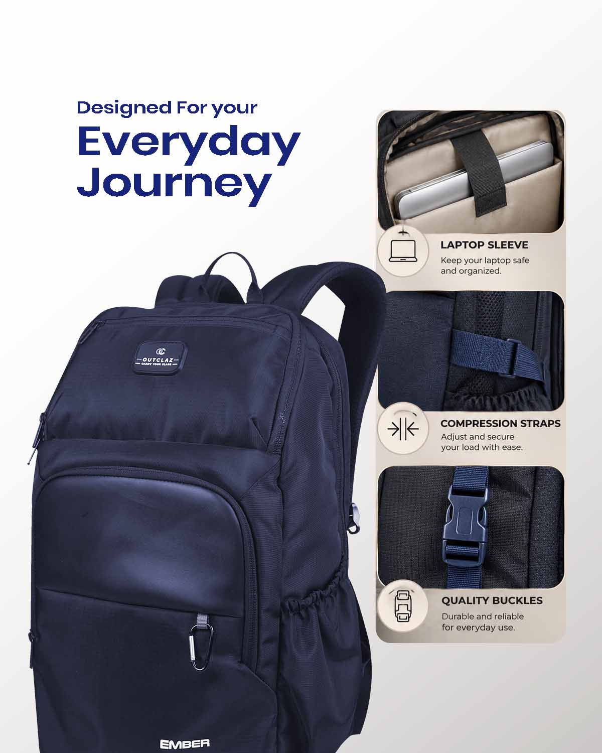 OUTCLAZ Ember 40L laptop backpack with laptop sleeve and adjustable shoulder straps