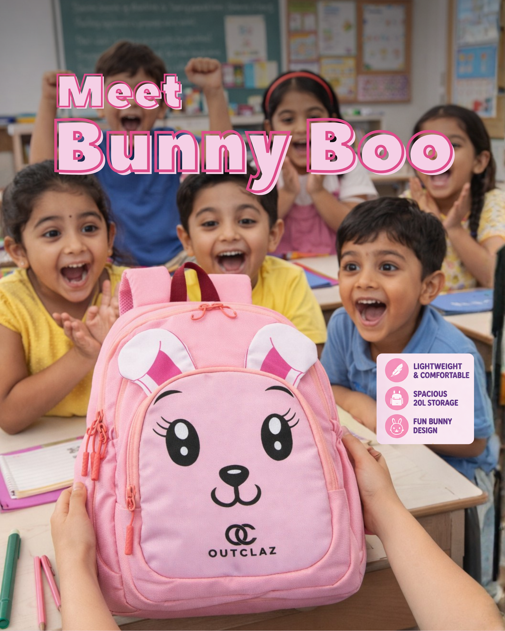 Bunny Boo Kids Backpack – Cute School Bag (20L, Lightweight)