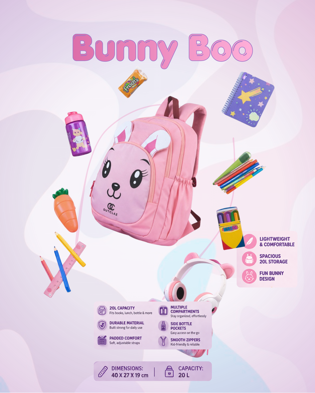 Bunny Boo Kids Backpack – Cute School Bag (20L, Lightweight)