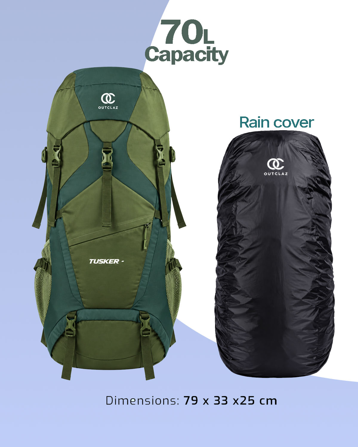 OUTCLAZ TUSKER 70L Trekking Backpack – Hiking & Travel Bag with Rain Cover