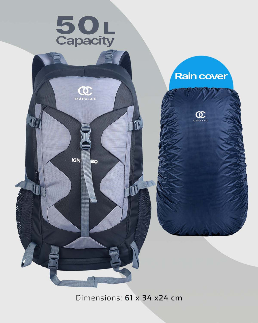 OUTCLAZ IGNITE 50L Trekking Backpack – Hiking & Travel Bag with Rain Cover