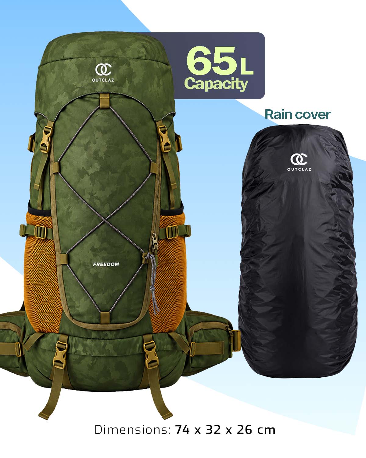 OUTCLAZ FREEDOM 65L Trekking Backpack with Rain Cover
