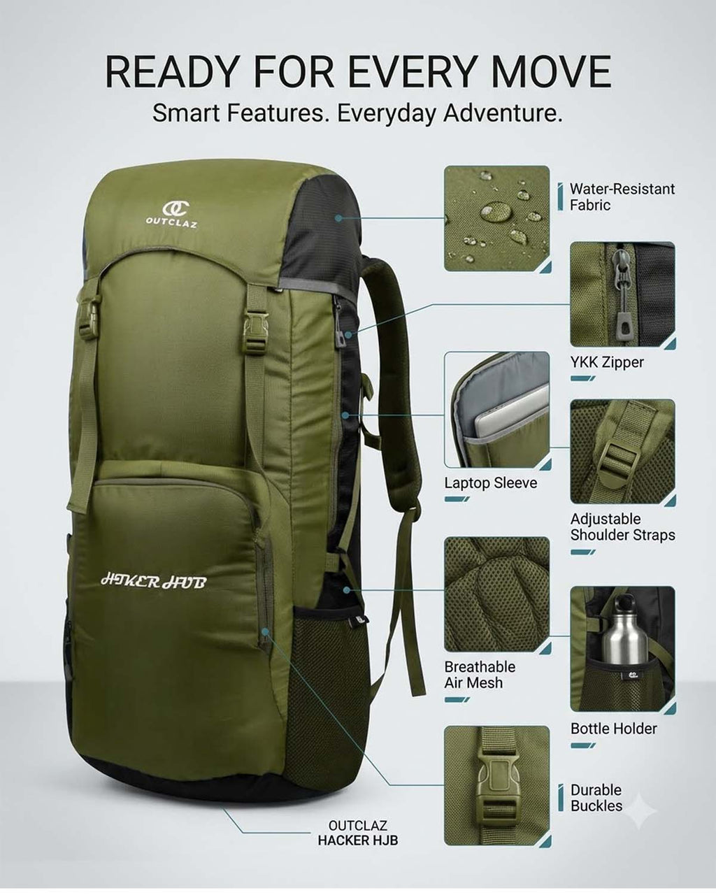 OUTCLAZ Hicker Hub 60L Trekking Backpack – Water-Resistant Travel Bag