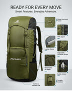 OUTCLAZ Hicker Hub 60L Trekking Backpack – Water-Resistant Travel Bag