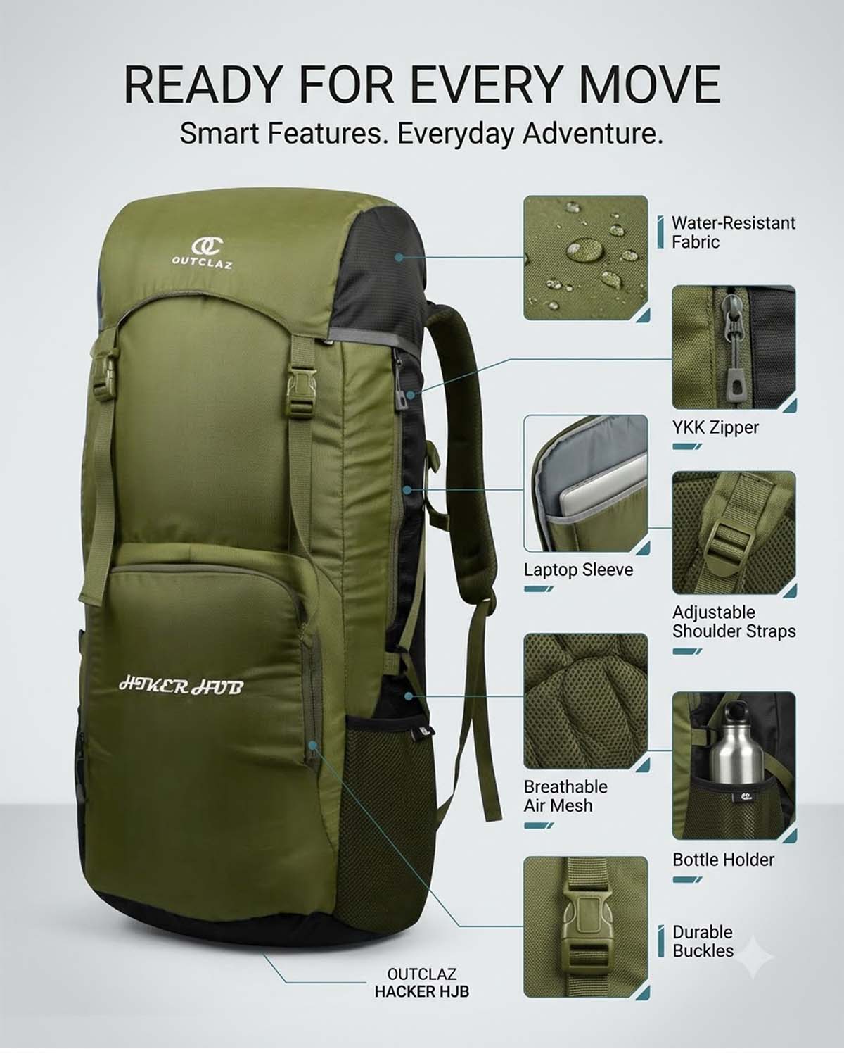 OUTCLAZ Hicker Hub 60L Trekking Backpack – Water-Resistant Travel Bag