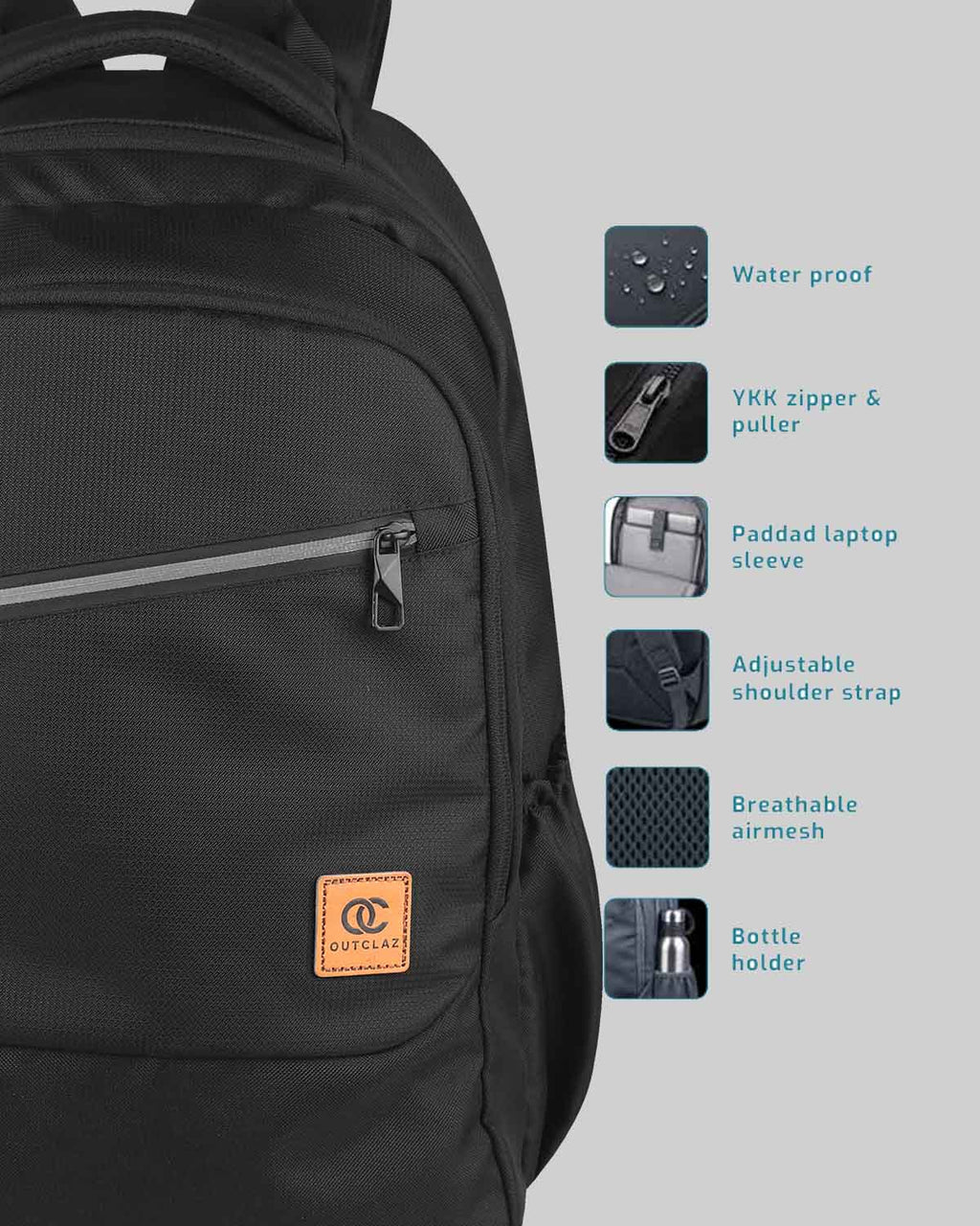 Close-up of Segna backpack YKK zipper and front organizer pocket