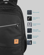 Close-up of Segna backpack YKK zipper and front organizer pocket