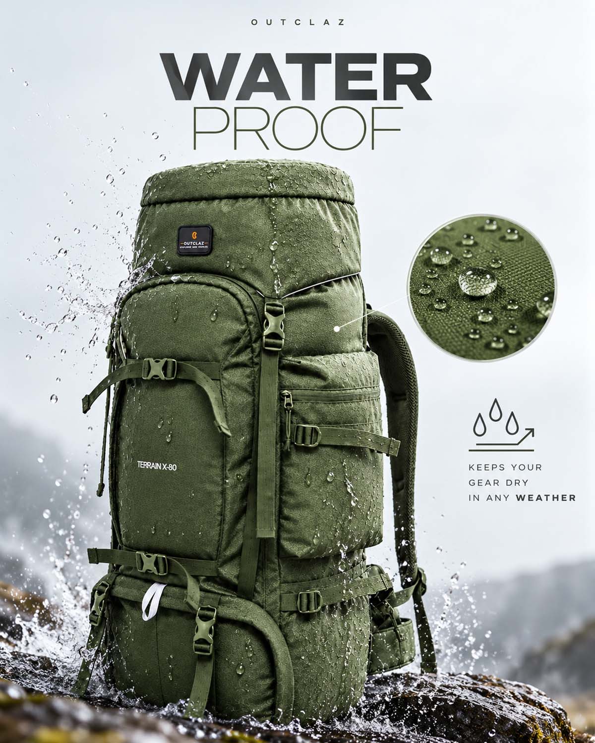 OUTCLAZ TERRAIN 80L Trekking Backpack with Rain Cover