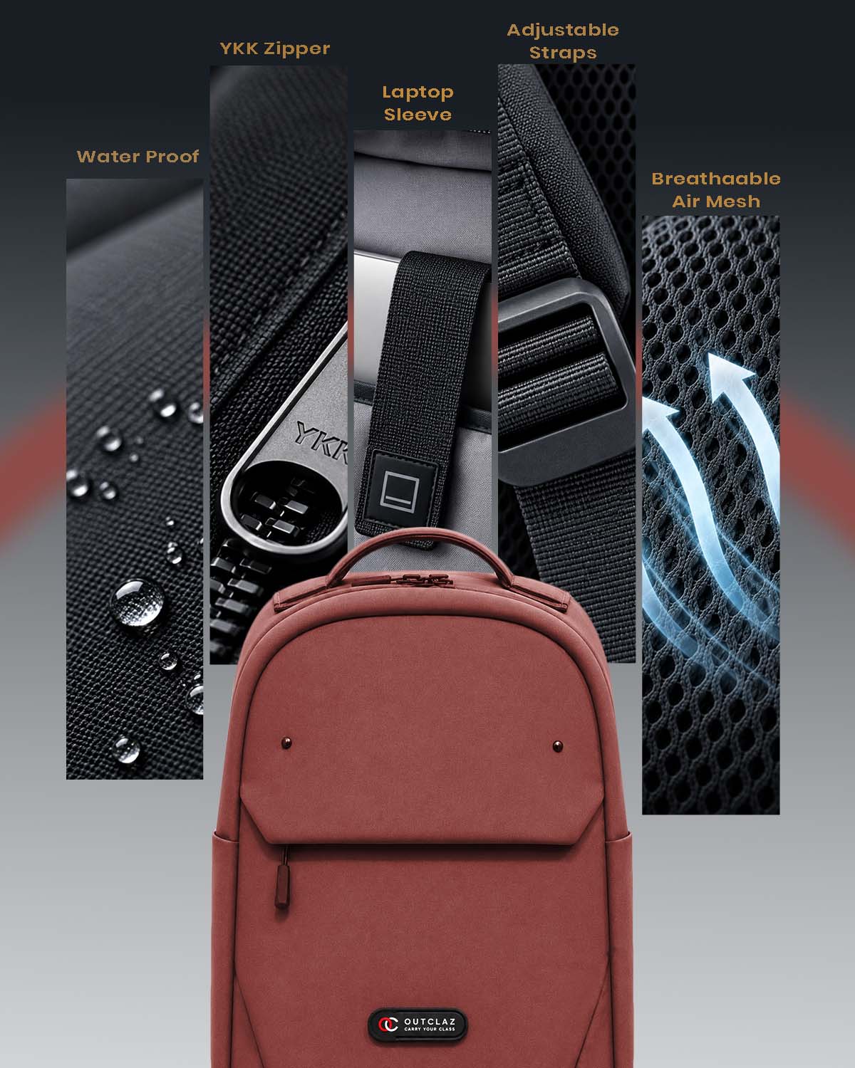 OUTCLAZ LEXIS backpack featuring water resistant design and YKK zipper