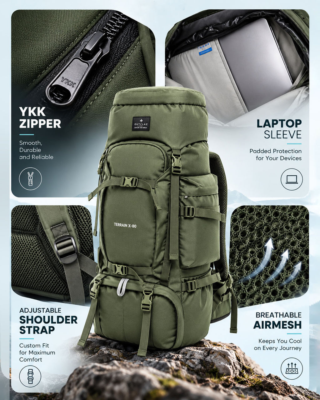 OUTCLAZ TERRAIN 80L Trekking Backpack with Rain Cover