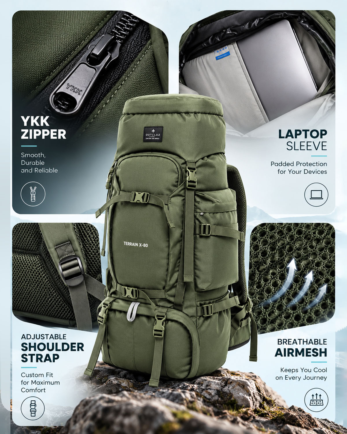 OUTCLAZ TERRAIN 80L Trekking Backpack with Rain Cover