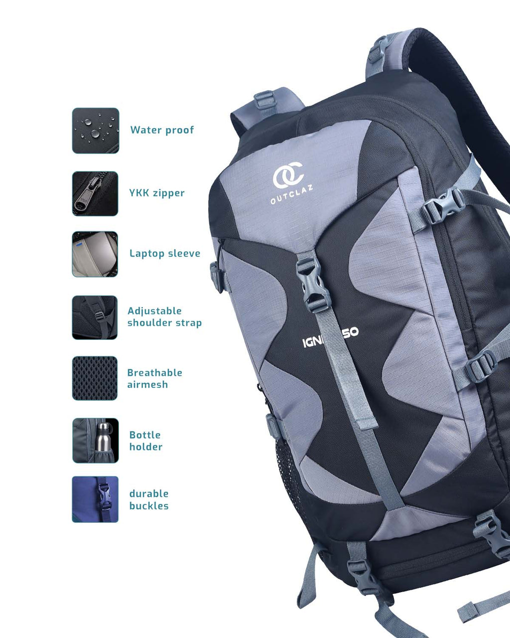 OUTCLAZ IGNITE 50L Trekking Backpack – Hiking & Travel Bag with Rain Cover