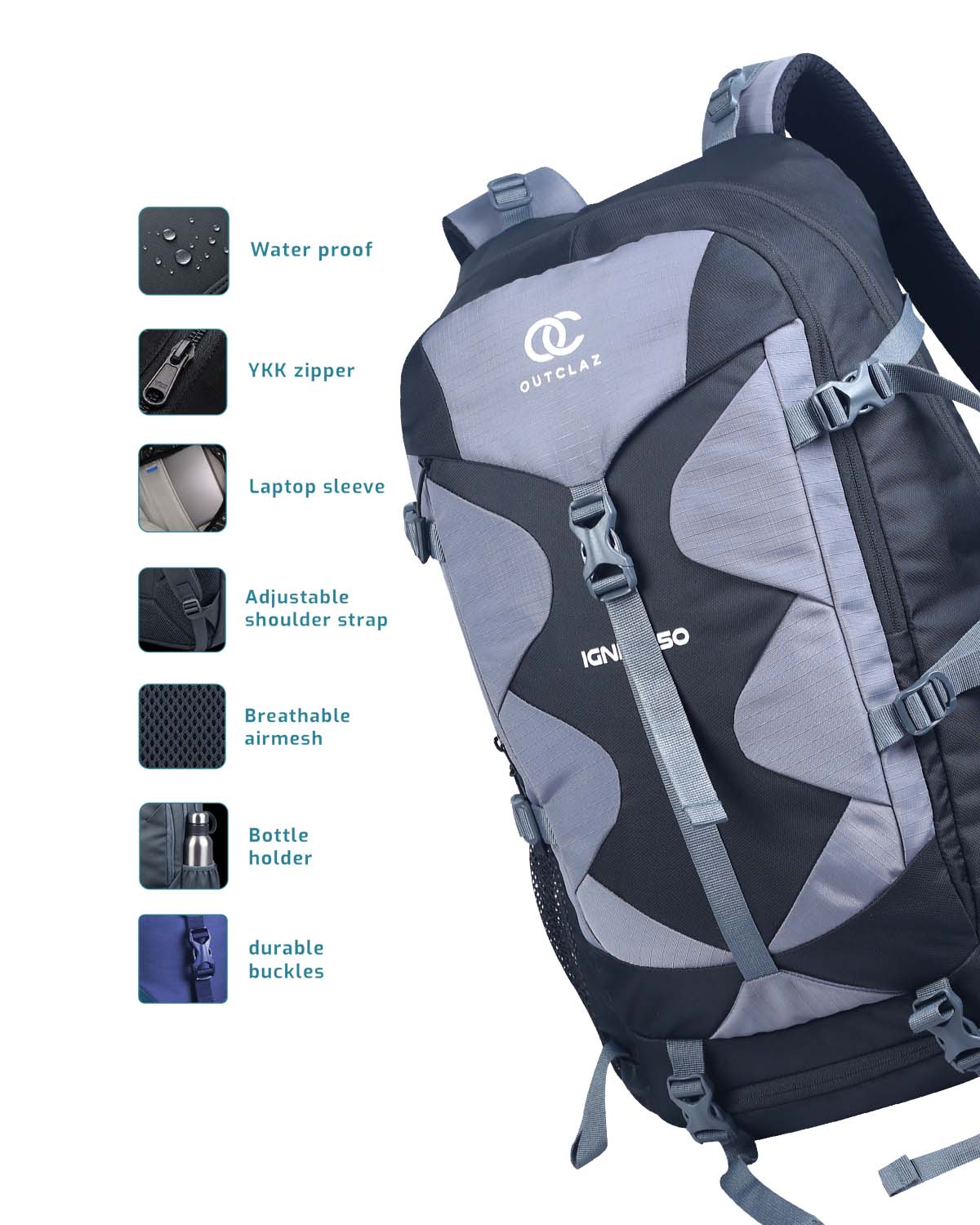 OUTCLAZ IGNITE 50L Trekking Backpack – Hiking & Travel Bag with Rain Cover