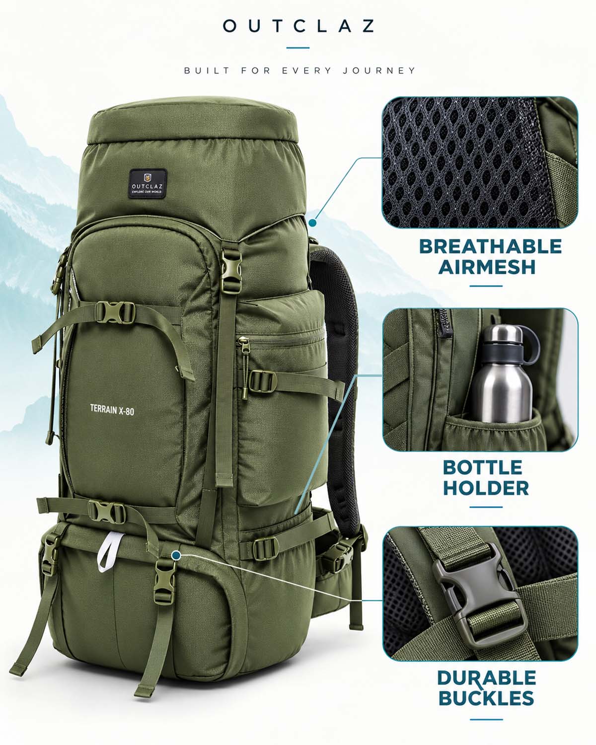 OUTCLAZ TERRAIN 80L Trekking Backpack with Rain Cover