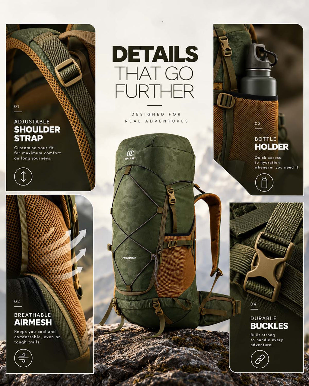 OUTCLAZ FREEDOM 65L Trekking Backpack with Rain Cover
