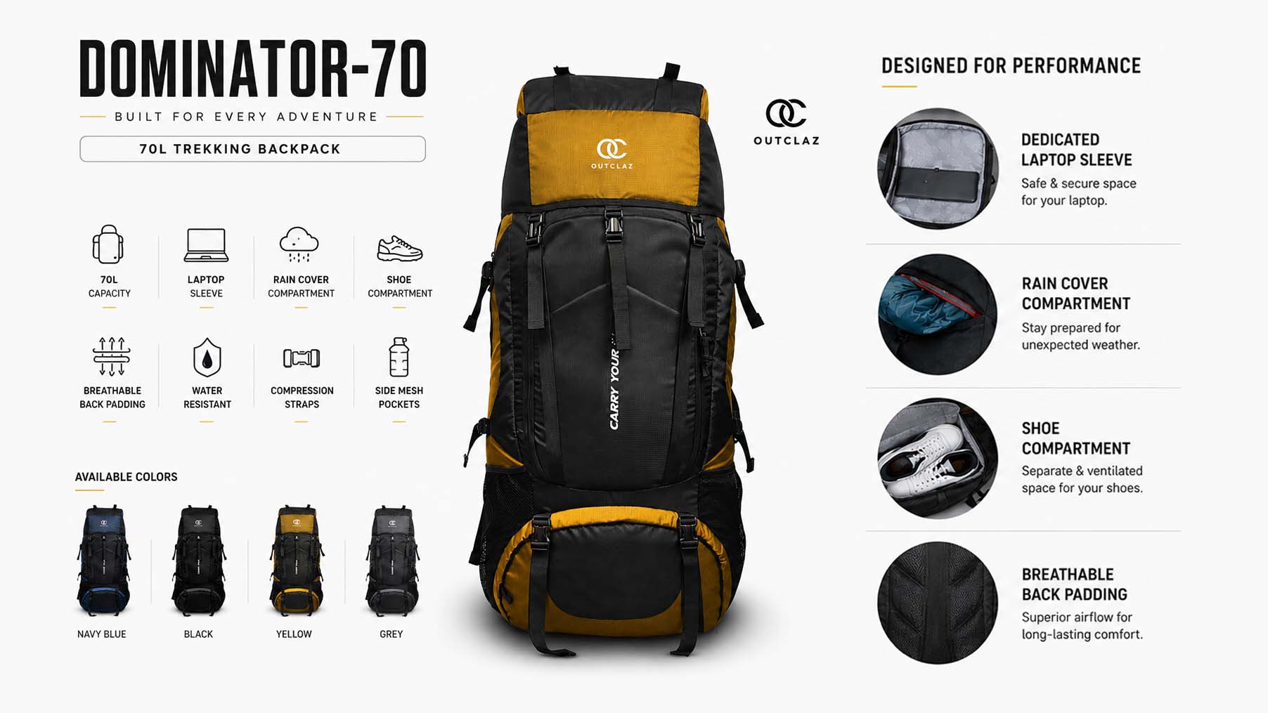 Dominator-70 70L Trekking Backpack | Hiking, Camping & Travel Backpack