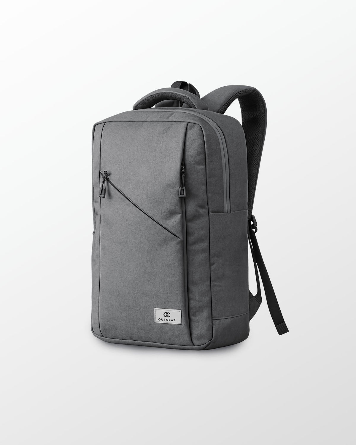 A dark gray backpack with a diagonal zippered front pocket and a small white brand label, shown on a light gray background.