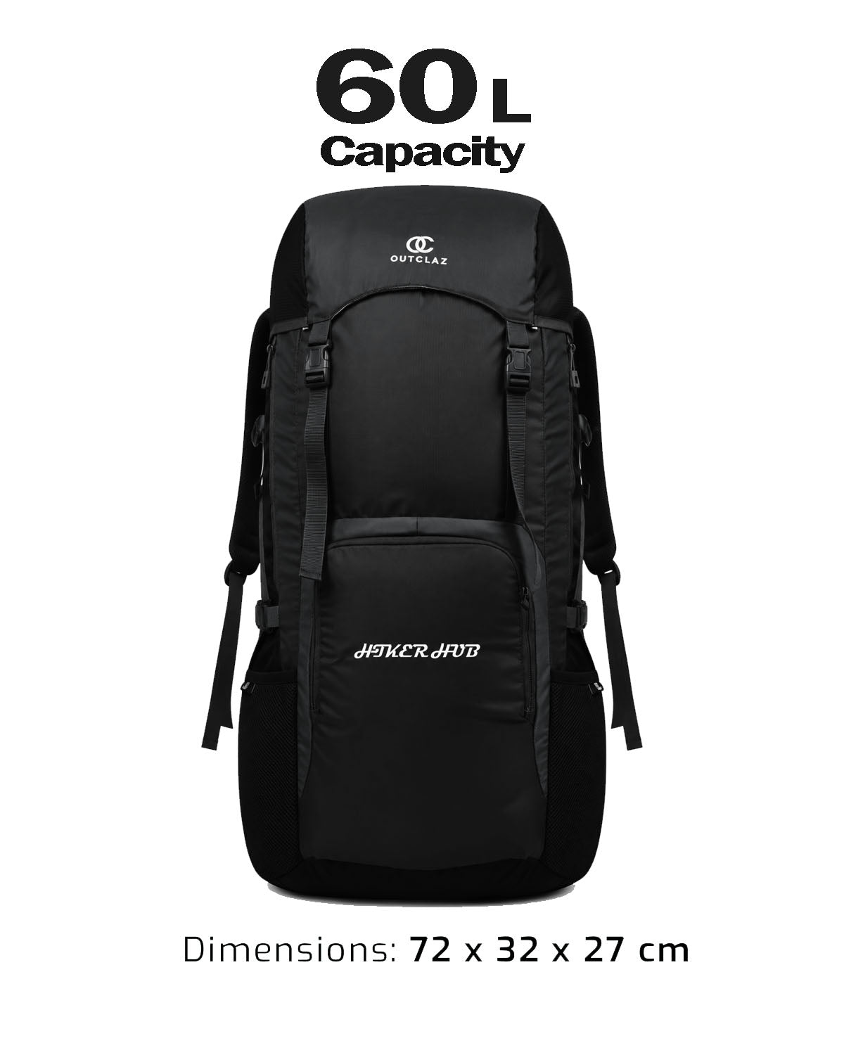 OUTCLAZ Hicker Hub 60L Trekking Backpack – Water-Resistant Travel Bag