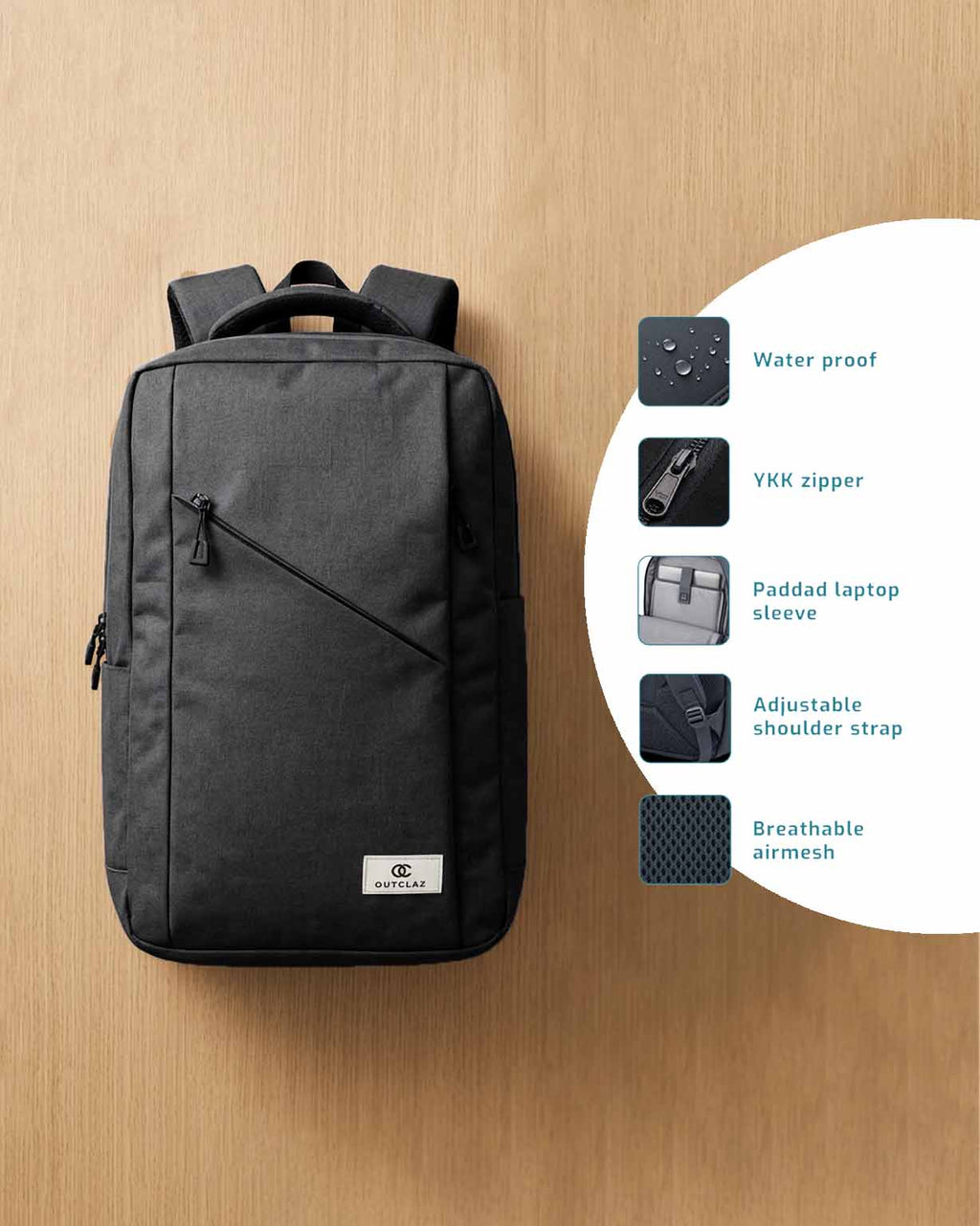 OUTCLAZ Atlas 17L N Blue laptop backpack featuring waterproof fabric, YKK zipper, padded laptop sleeve and breathable airmesh