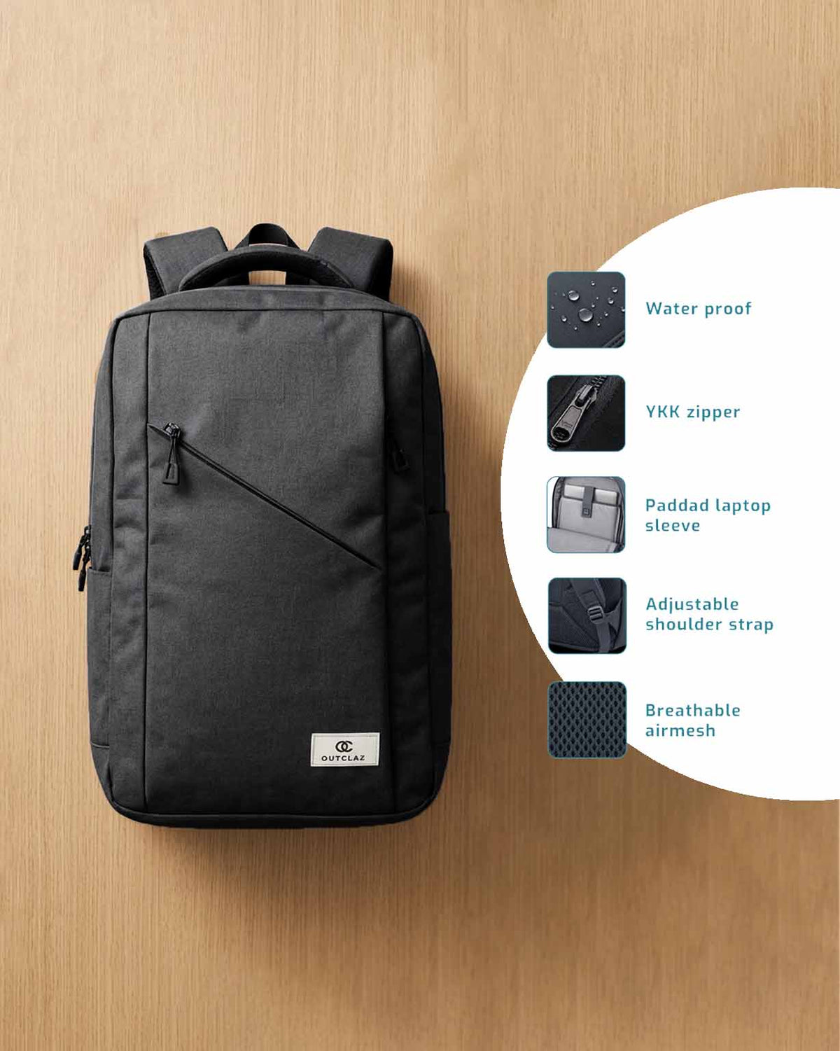 OUTCLAZ Atlas 17L N Blue laptop backpack featuring waterproof fabric, YKK zipper, padded laptop sleeve and breathable airmesh