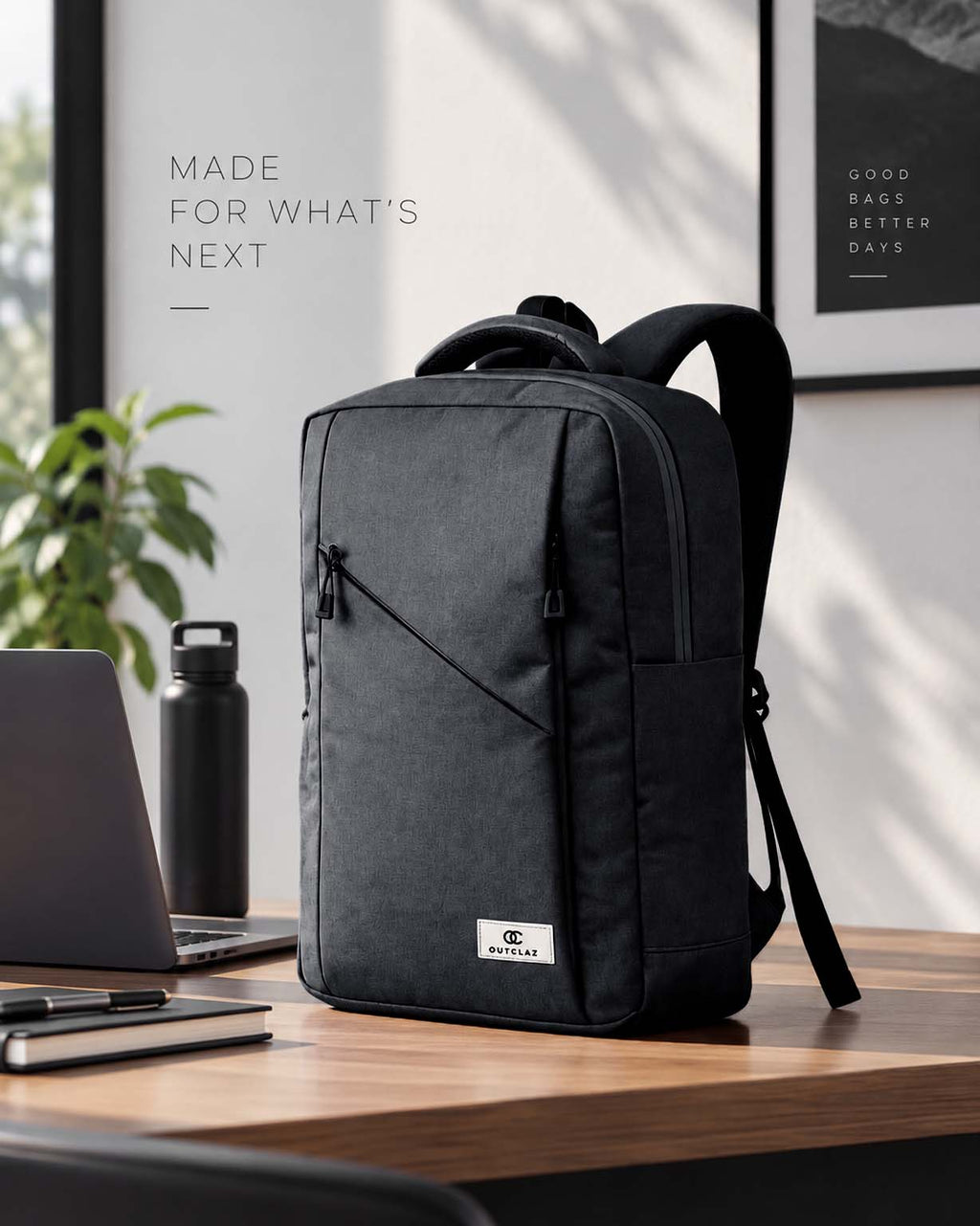 OUTCLAZ Atlas 17L Black laptop backpack for office, travel and daily commuting