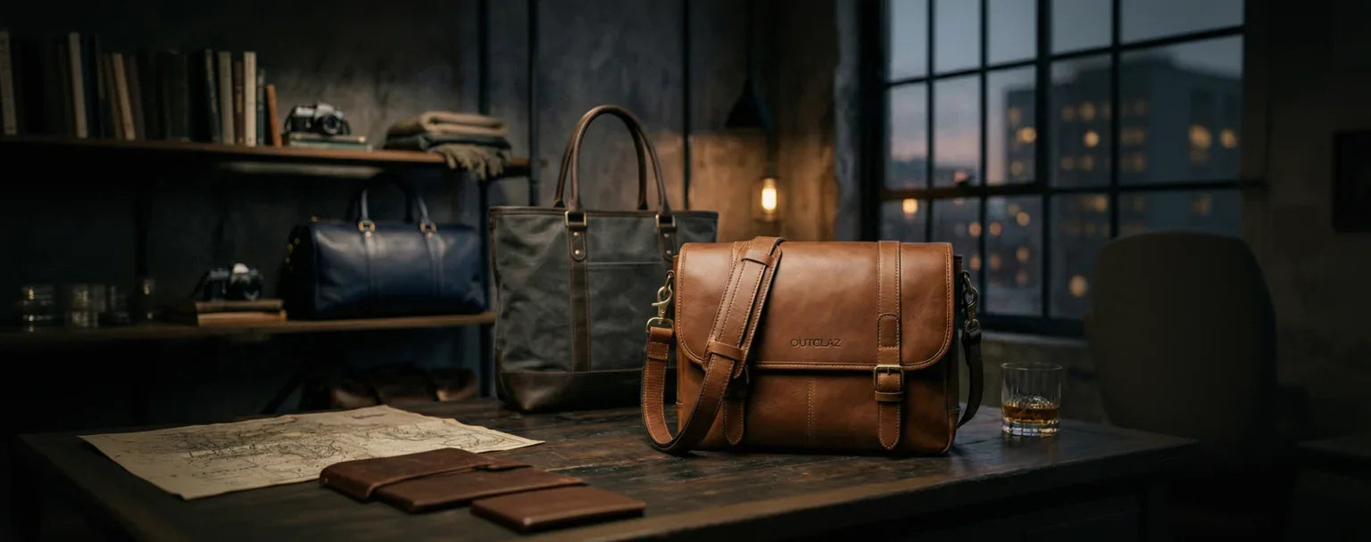 Brown leather bags on a wooden surface with 'Outclaz' branding and product description.