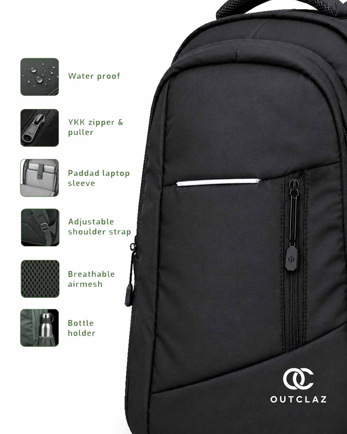 OUTCLAZ MAX LP 35L black laptop backpack with padded laptop sleeve, YKK zipper and breathable back support