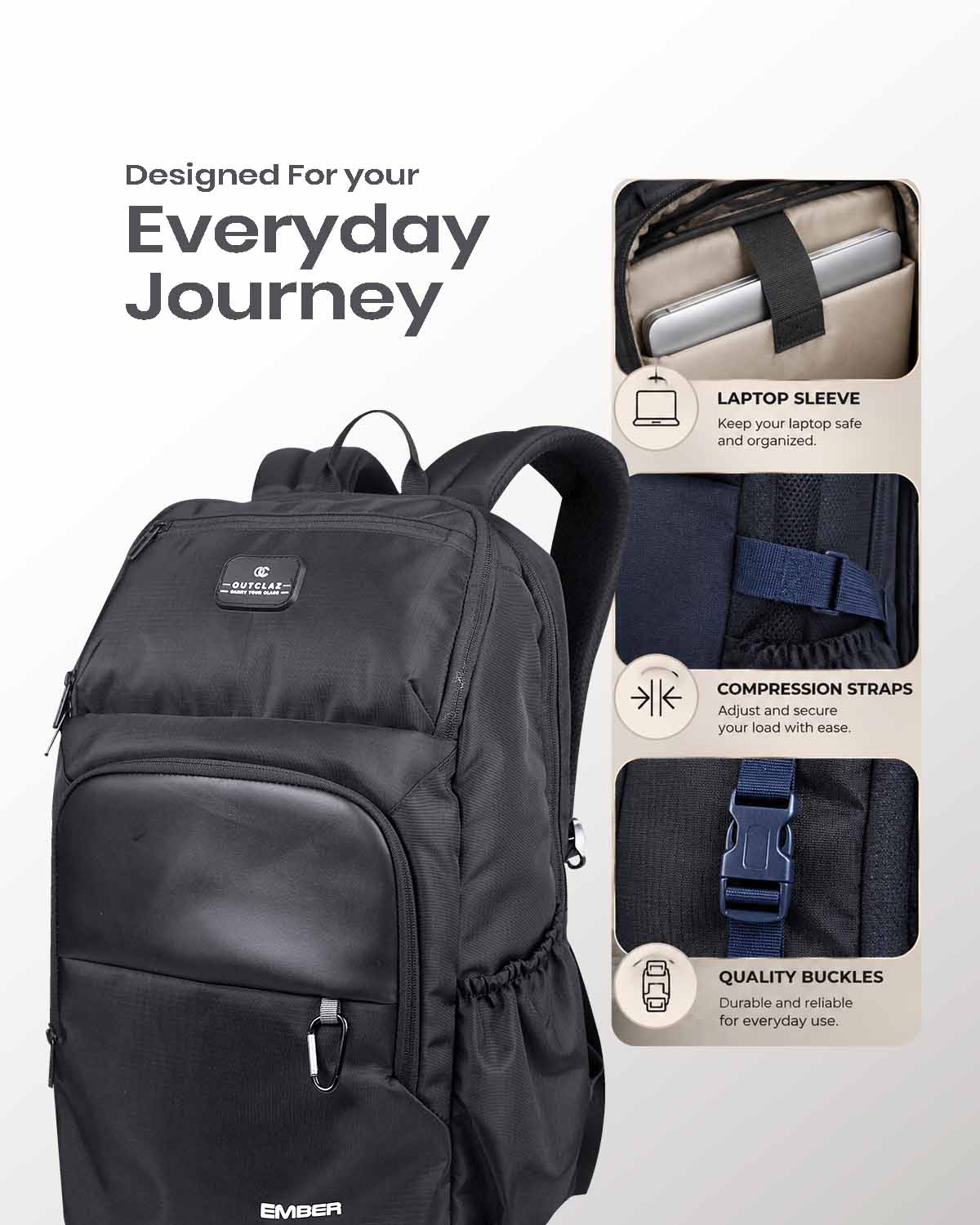 OUTCLAZ Ember 40L black laptop backpack with laptop sleeve and adjustable shoulder straps